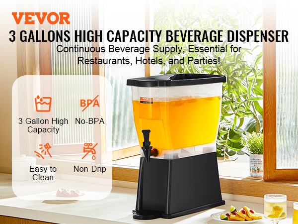 VEVOR beverage dispenser, 3-gallon high capacity, no-bpa, essential for restaurants, hotels, and parties.