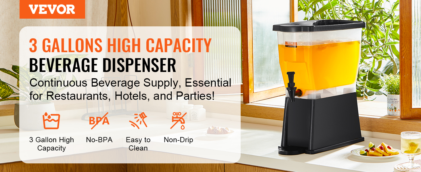 VEVOR beverage dispenser, 3-gallon high capacity, no-bpa, essential for restaurants, hotels, and parties.