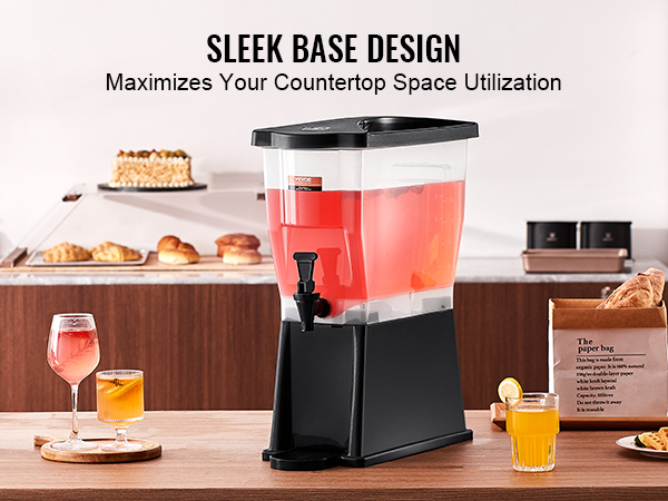 VEVOR beverage dispenser on a countertop beside cups, pastries, and drinks, promoting space utilization.