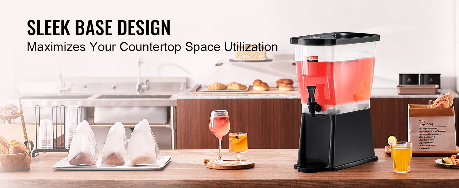 VEVOR beverage dispenser on a countertop beside cups, pastries, and drinks, promoting space utilization.