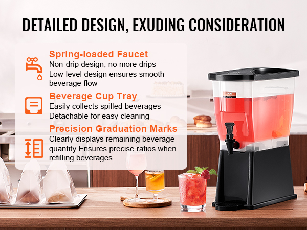 VEVOR beverage dispenser with spring-loaded faucet, cup tray, and precision graduation marks on a counter.