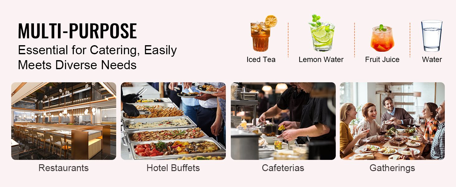 VEVOR beverage dispenser used in restaurants, hotel buffets, cafeterias, and gatherings for various drinks.