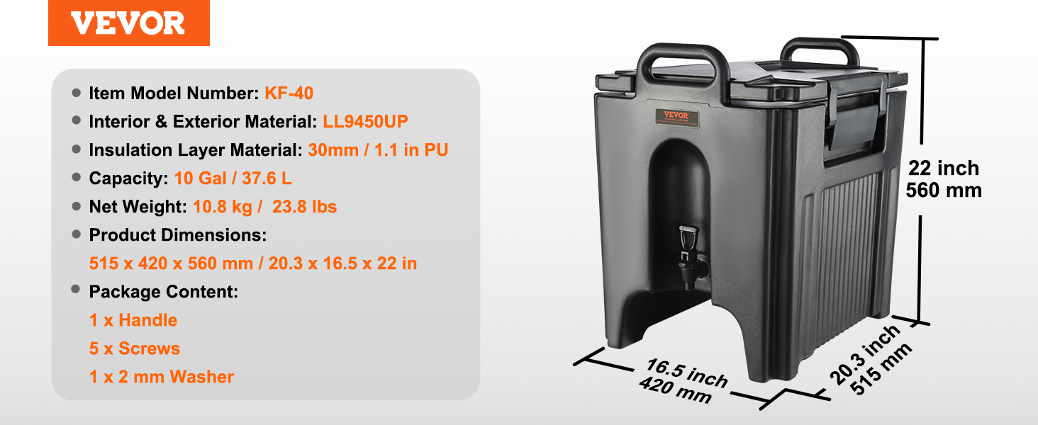 VEVOR insulated beverage dispenser kf-40, 10 gal/37.6 l, dimensions 515x420x560 mm.