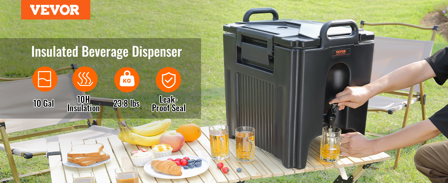 person using VEVOR insulated beverage dispenser outdoors with a picnic setup and drinks on a wooden table.