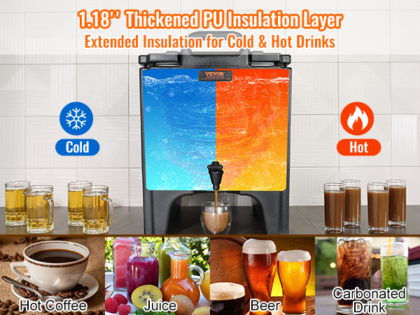 VEVOR insulated beverage dispenser showcasing hot and cold drink insulation with beverage examples like coffee and juice.