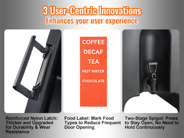 VEVOR insulated beverage dispenser with reinforced latch, food label, and two-stage spigot.