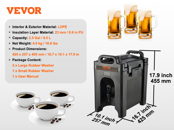 VEVOR insulated beverage dispenser, 2.5 gal capacity, ldpe, 23mm pu insulation, 425x257x455 mm dimensions.