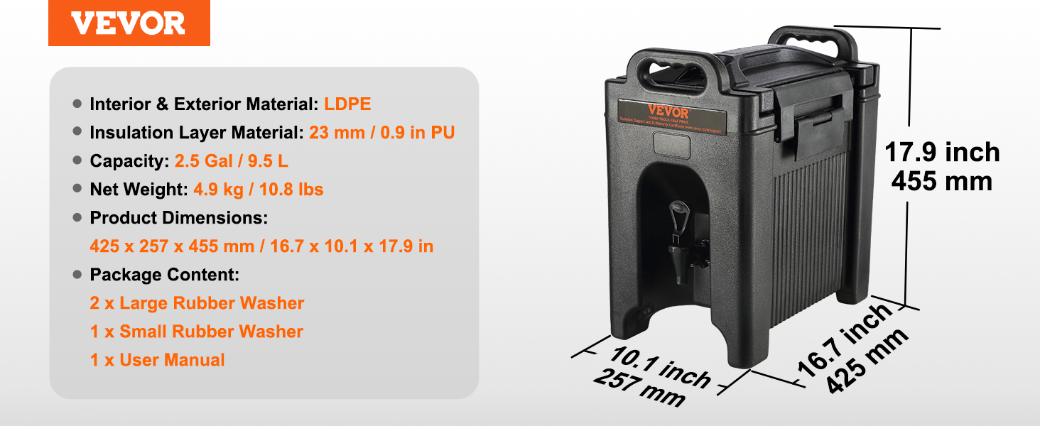 VEVOR insulated beverage dispenser, 2.5 gal capacity, ldpe, 23mm pu insulation, 425x257x455 mm dimensions.