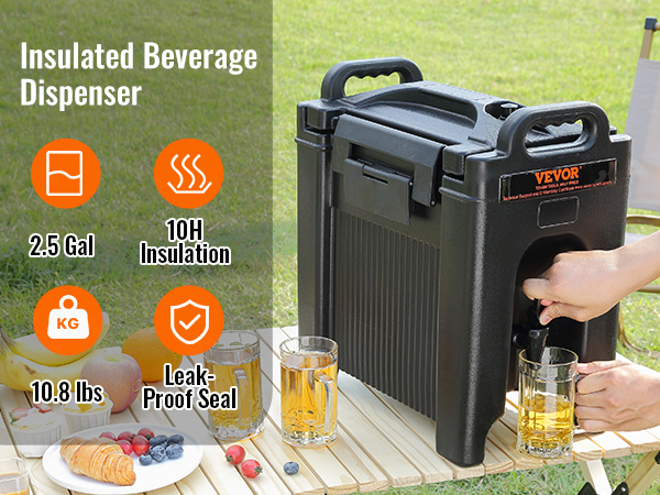person using VEVOR insulated beverage dispenser on outdoor table with snacks, fruits, and drinks.