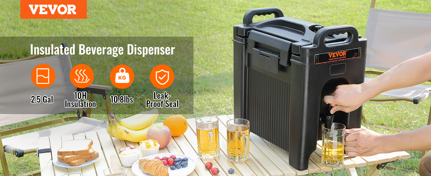 person using VEVOR insulated beverage dispenser on outdoor table with snacks, fruits, and drinks.