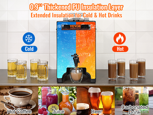 VEVOR insulated beverage dispenser showcasing cold and hot drink options with pu insulation.