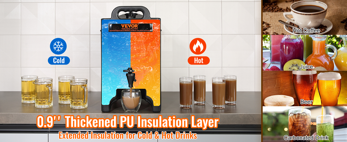 VEVOR insulated beverage dispenser showcasing cold and hot drink options with pu insulation.