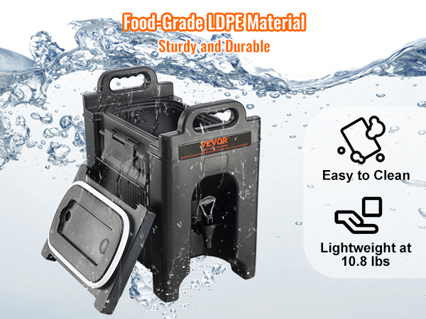 VEVOR insulated beverage dispenser, food-grade ldpe, lightweight, easy to clean, sturdy & durable.