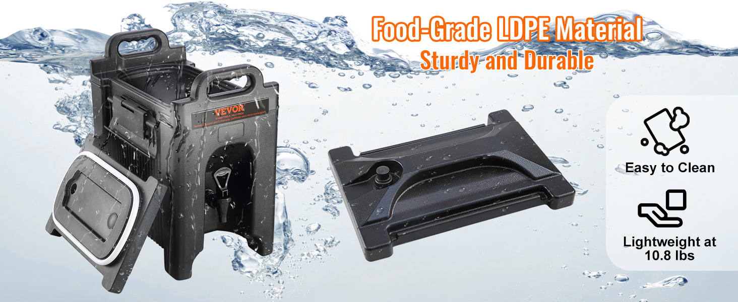 VEVOR insulated beverage dispenser, food-grade ldpe, lightweight, easy to clean, sturdy & durable.
