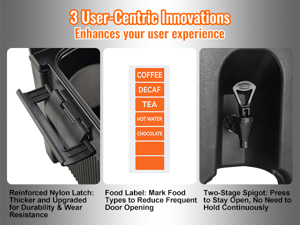 VEVOR insulated beverage dispenser: reinforced latch, food label, two-stage spigot, user-centric features.