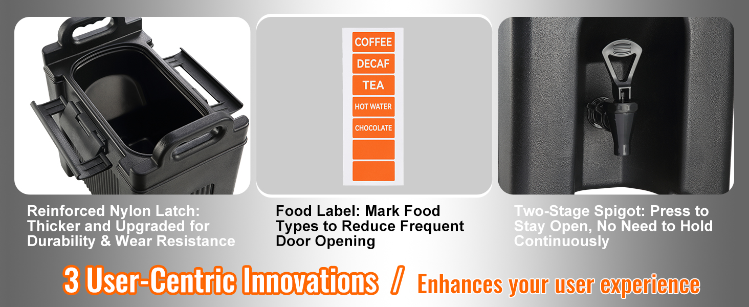 VEVOR insulated beverage dispenser: reinforced latch, food label, two-stage spigot, user-centric features.