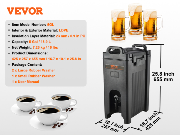 VEVOR izolēts dzērienu dozators, 5gal, ldpe, 7,26kg, 425x257x655 mm, komplektā ietilpst mazgātājs un rokasgrāmata.