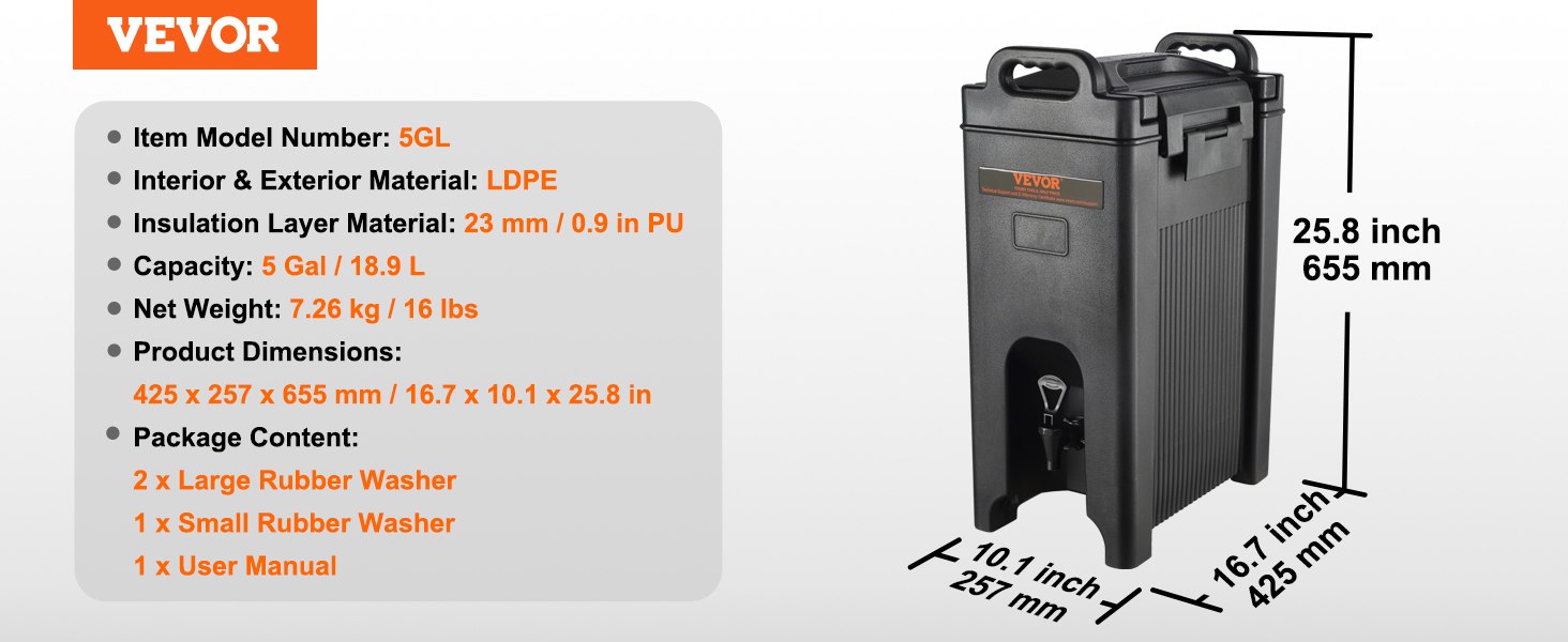 VEVOR izolēts dzērienu dozators, 5gal, ldpe, 7,26kg, 425x257x655 mm, komplektā ietilpst mazgātājs un rokasgrāmata.