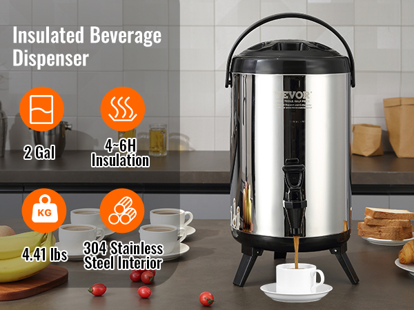 VEVOR beverage dispenser with stainless steel, 2-gallon, 4-6 hours insulation, and 4.41 lbs weight.