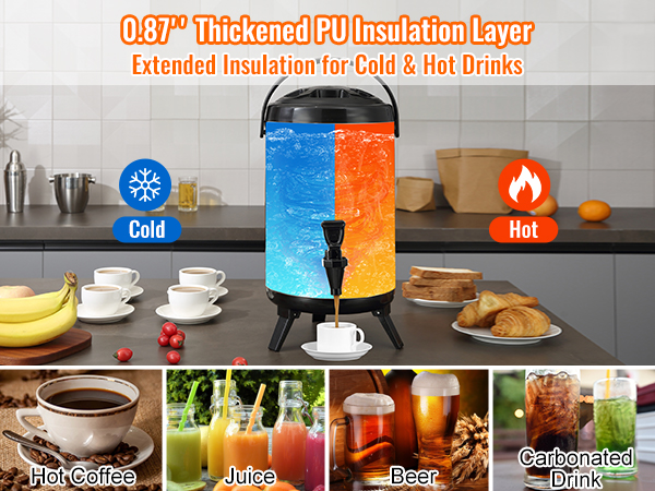 VEVOR beverage dispenser on a countertop, showcasing cold drinks like beer and juice, and hot drinks like coffee.