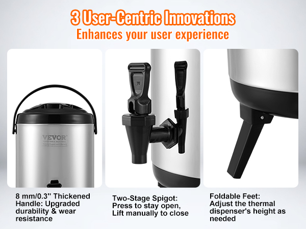 VEVOR beverage dispenser with thickened handle, two-stage spigot, and foldable feet for user convenience.
