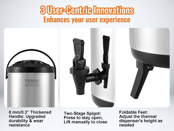 VEVOR stainless steel beverage dispenser with thickened handle, two-stage spigot, and foldable feet.