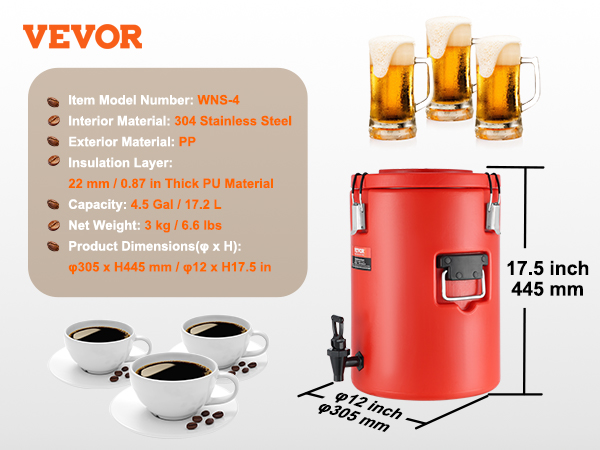 VEVOR stainless steel beverage dispenser, 4.5 gal capacity, dimensions: 12x17.5 inches, red container.