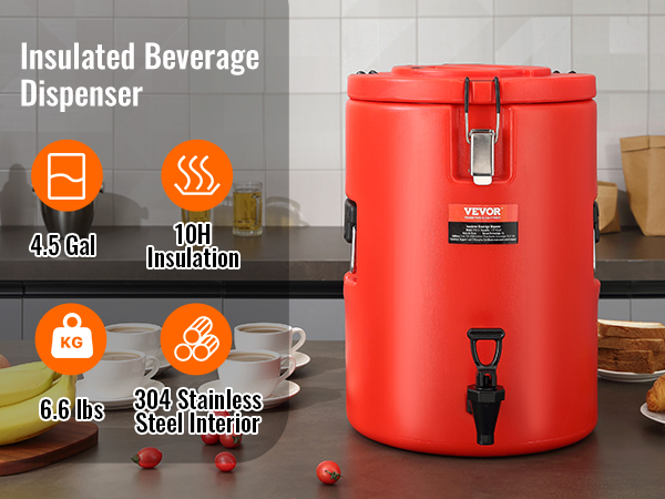 VEVOR stainless steel beverage dispenser in red on kitchen counter with fruits, cups, and croissants.