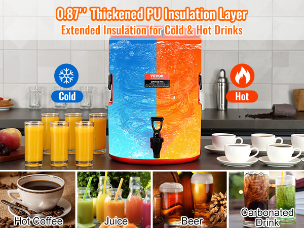VEVOR stainless steel beverage dispenser for hot and cold drinks, ideal for beer, juice, coffee.