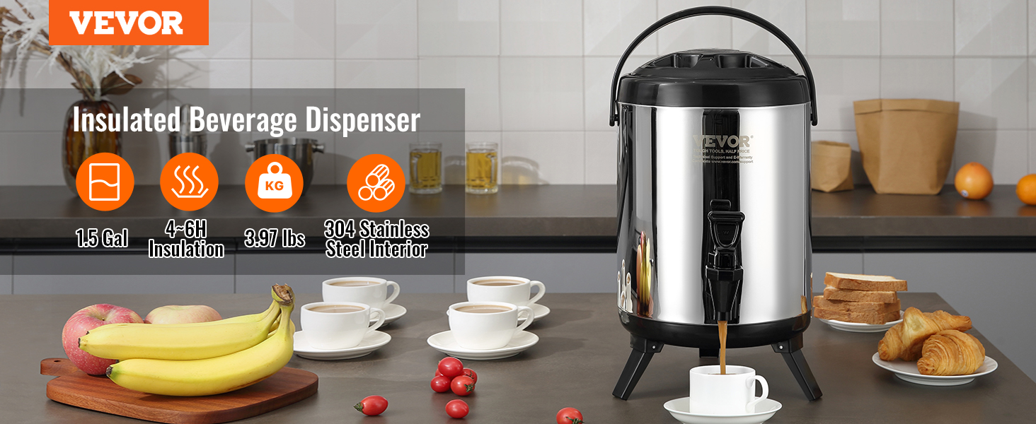 VEVOR stainless steel beverage dispenser in a modern kitchen with cups of coffee, fruit, and pastries.