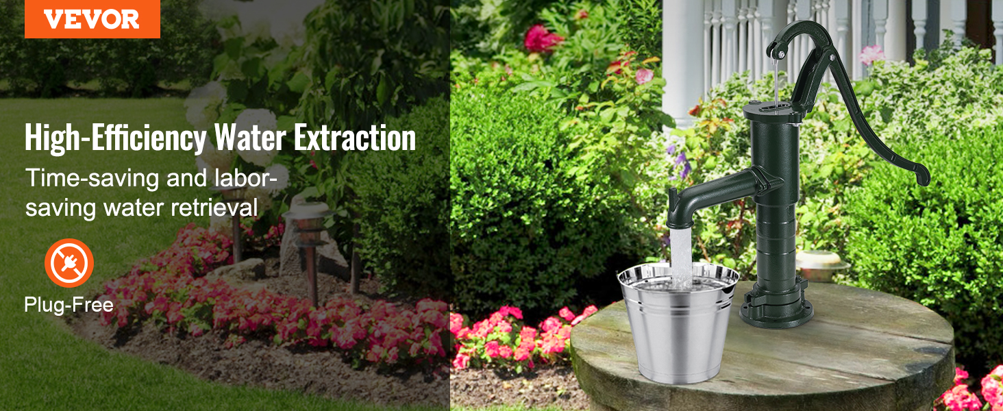 VEVOR antique hand water pump with a metal bucket in a vibrant garden. plug-free.