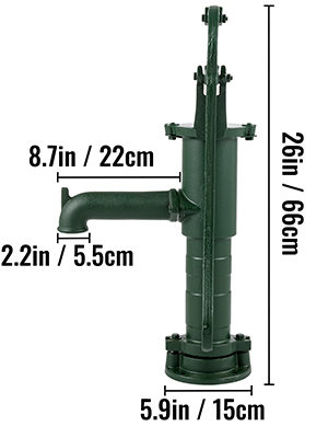 green VEVOR antique hand water pump with dimensions indicated in inches and centimeters.