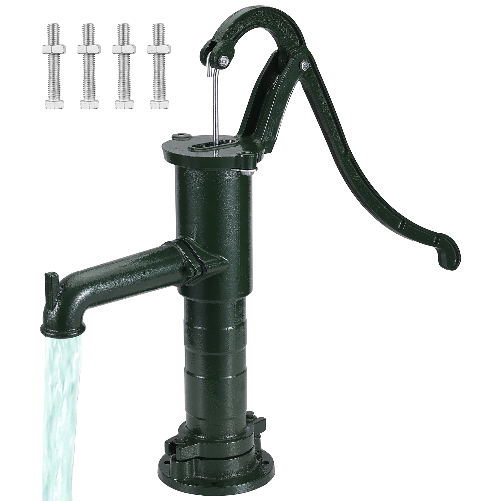 VEVOR antique hand water pump with flowing water and four mounting bolts.