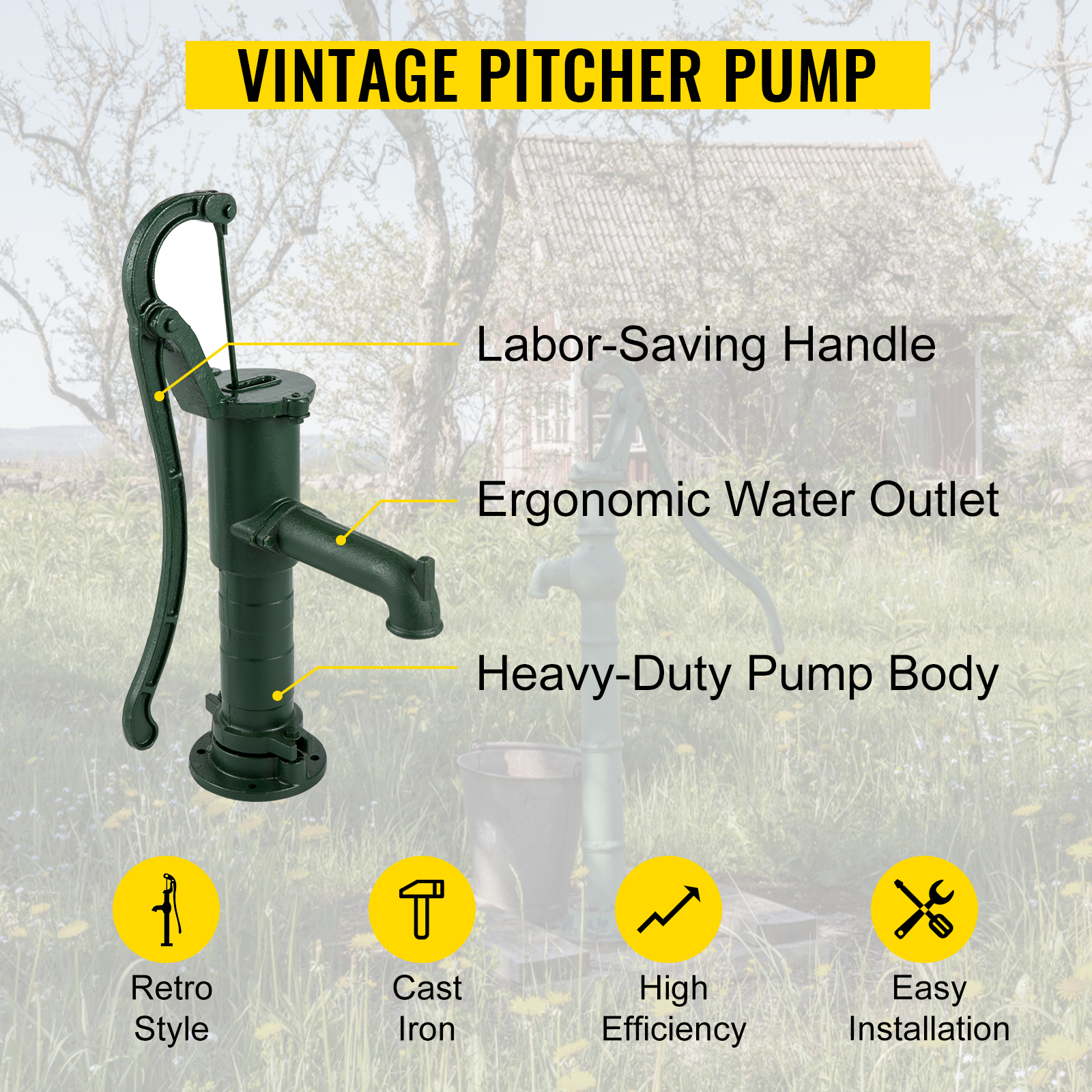 VEVOR antique hand water pump with labor-saving handle and ergonomic outlet.