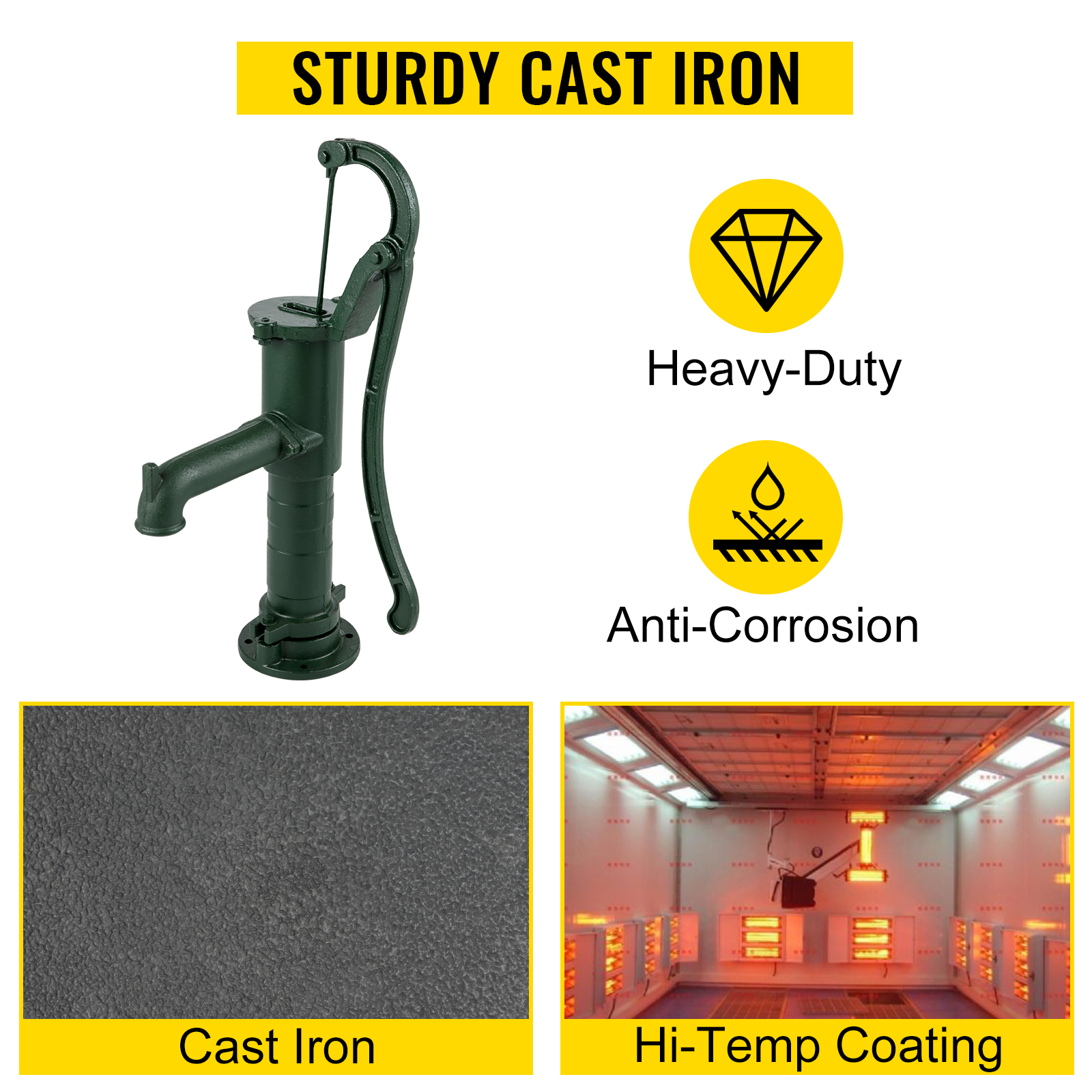 VEVOR antique hand water pump made of heavy-duty cast iron with anti-corrosion coating.