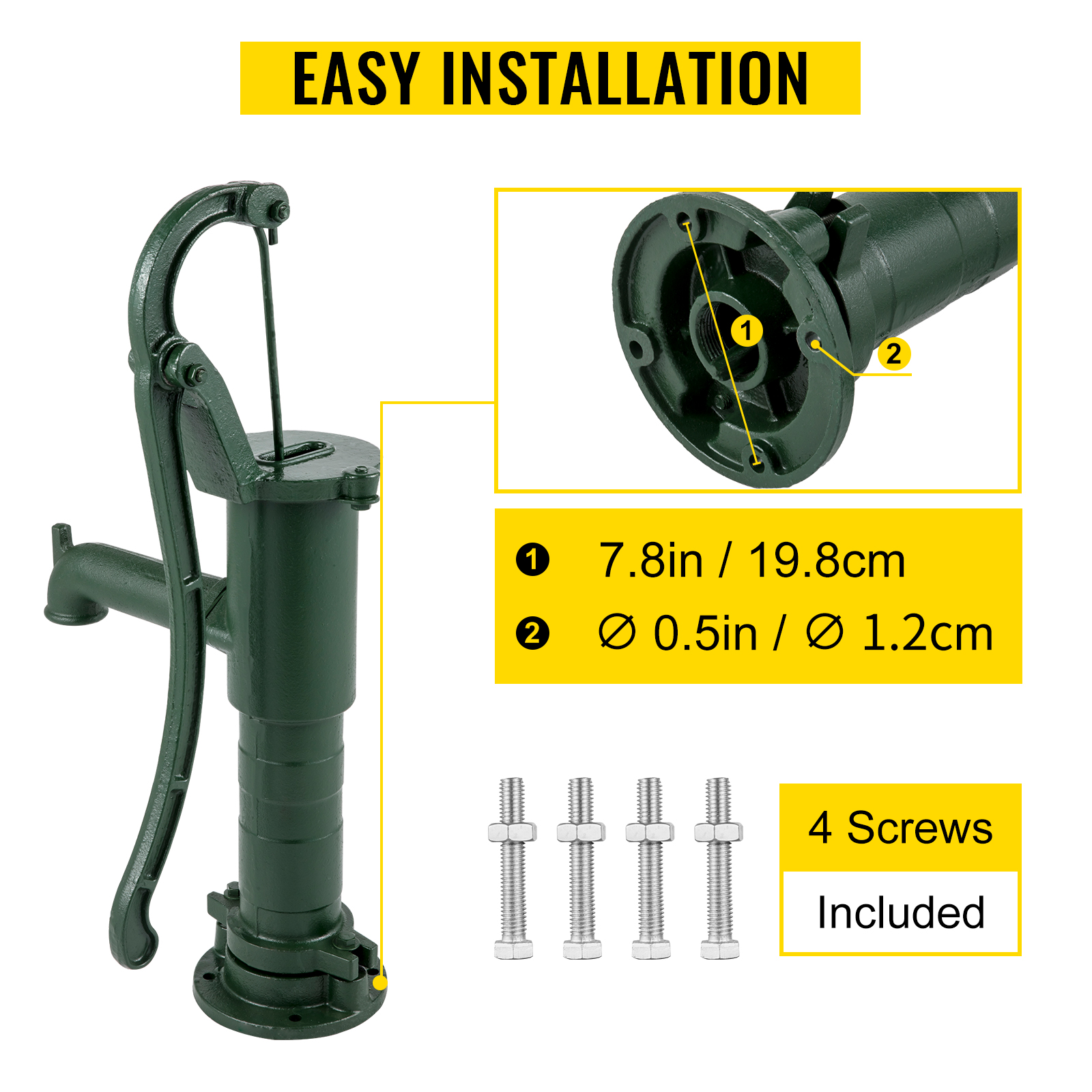 VEVOR antique hand water pump with easy installation, 7.8in size, and 4 included screws.