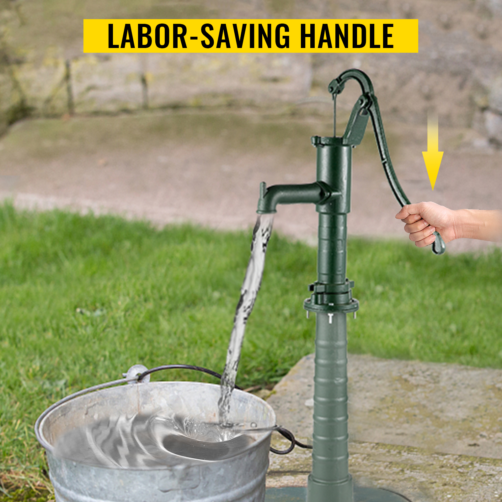 hand using VEVOR antique hand water pump with labor-saving handle, filling a metal bucket.