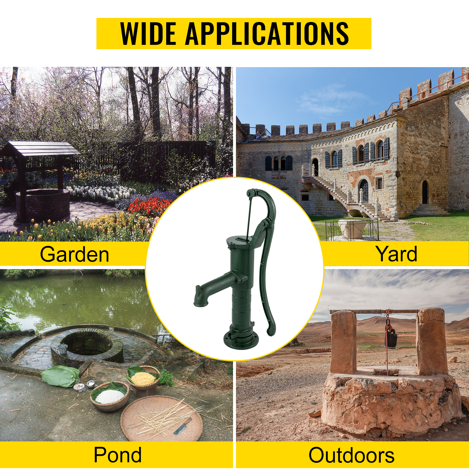 VEVOR antique hand water pump for garden, yard, pond, and outdoors applications.