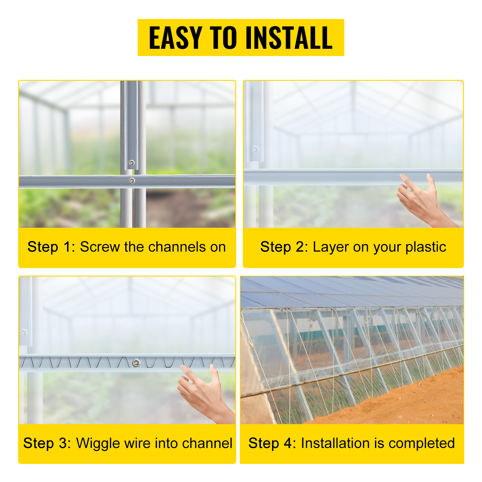 easy steps for installing VEVOR greenhouse spring lock channel system.