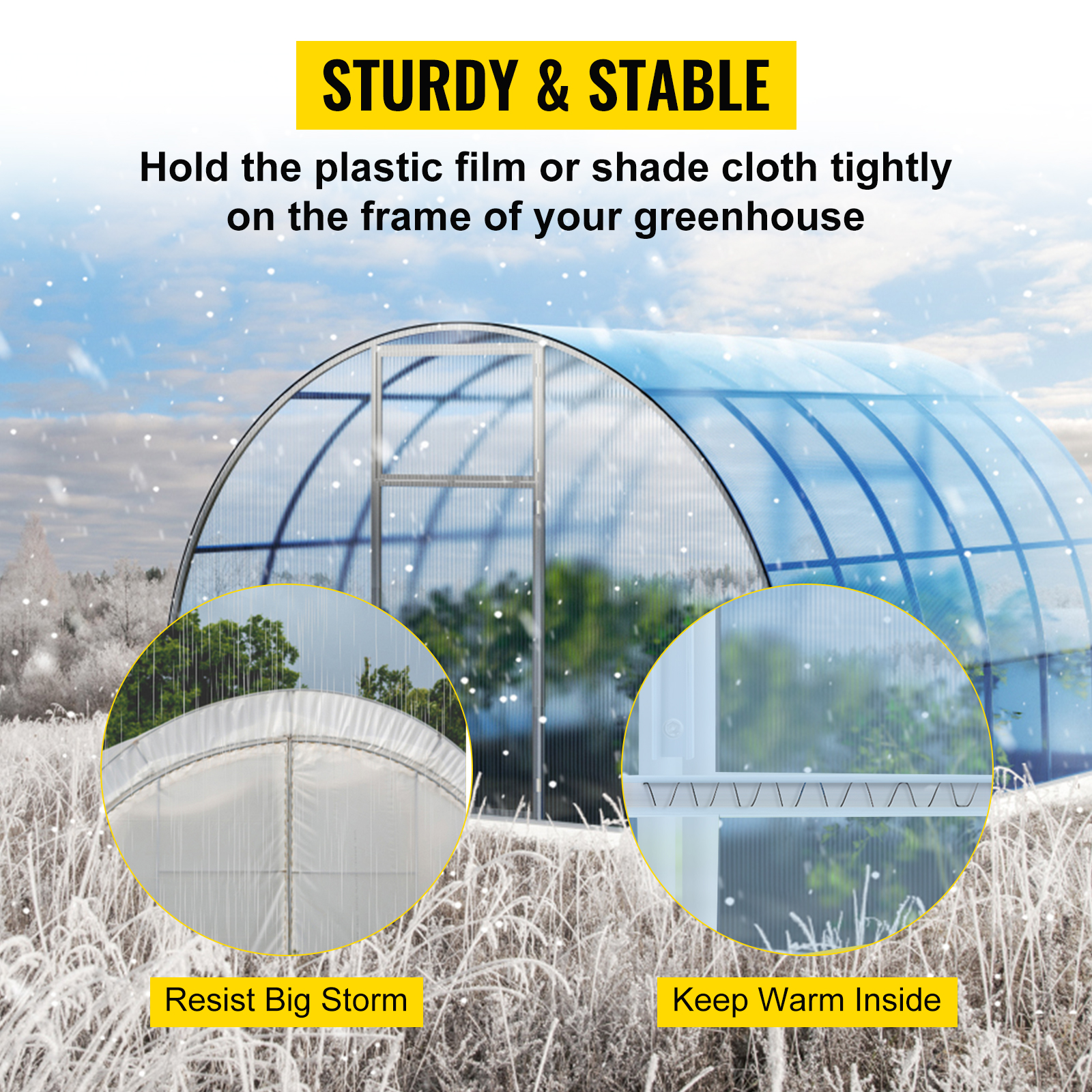 VEVOR greenhouse spring lock channel ensures stability and warmth in snowy conditions.