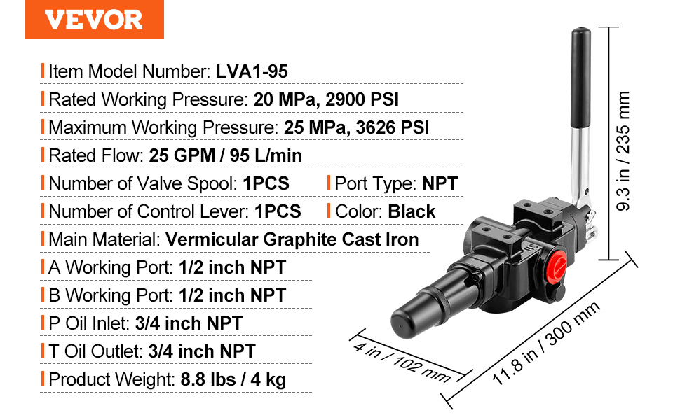 VEVOR hidrauliskais vārsts lva1-95, 1/2 collu npt, 20 mpa, 25 gpm, melns, 1 spole, 1 svira