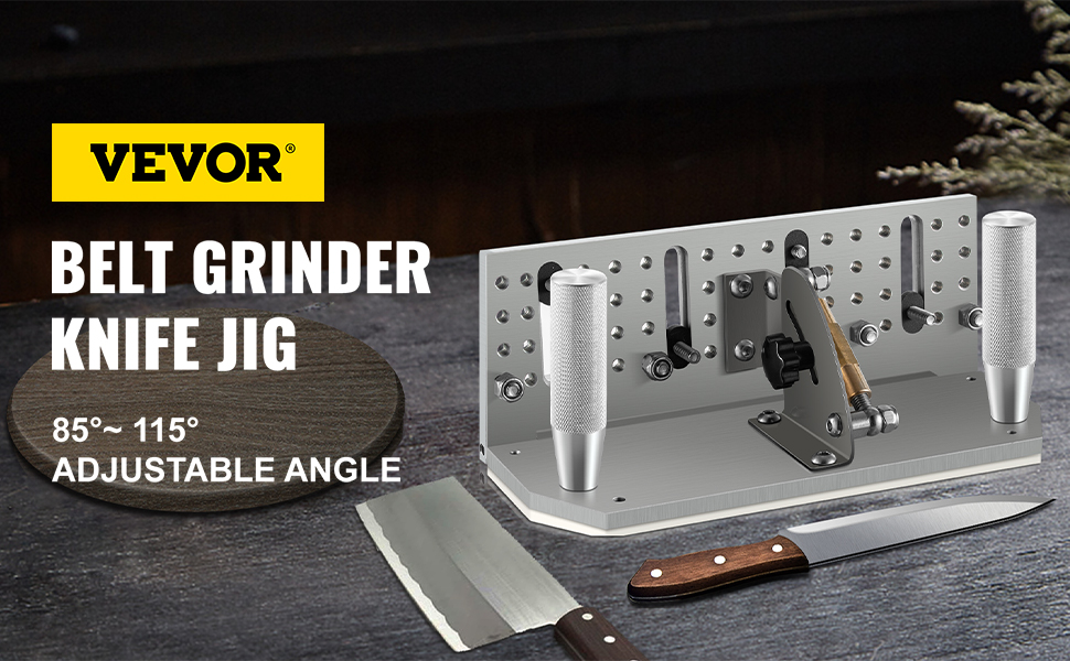 VEVOR belt grinder knife jig with adjustable angle and knives on a table.