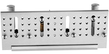 VEVOR belt grinder knife jig with adjustable slots and mounting screws.