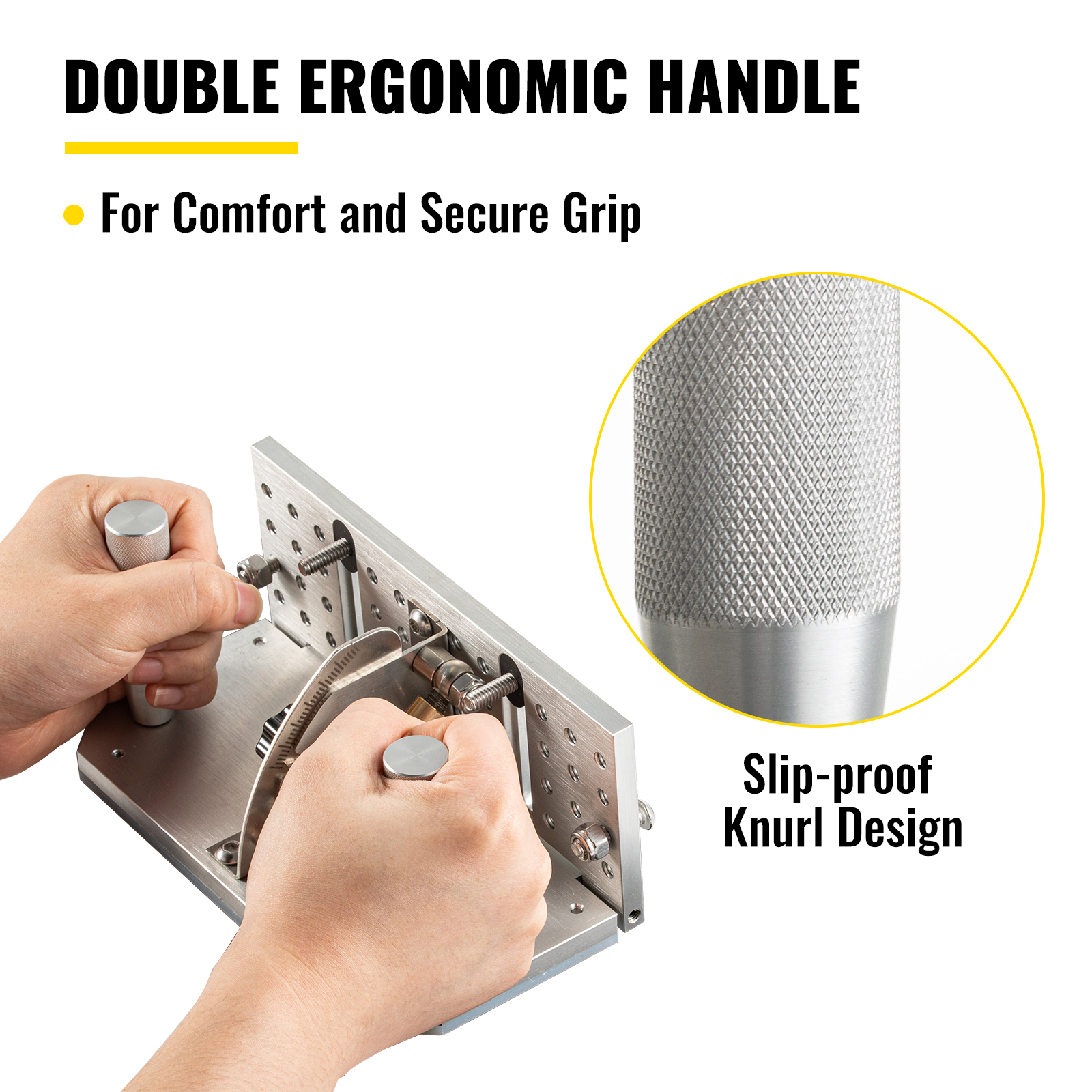 double ergonomic handle VEVOR belt grinder knife jig with slip-proof knurl design.