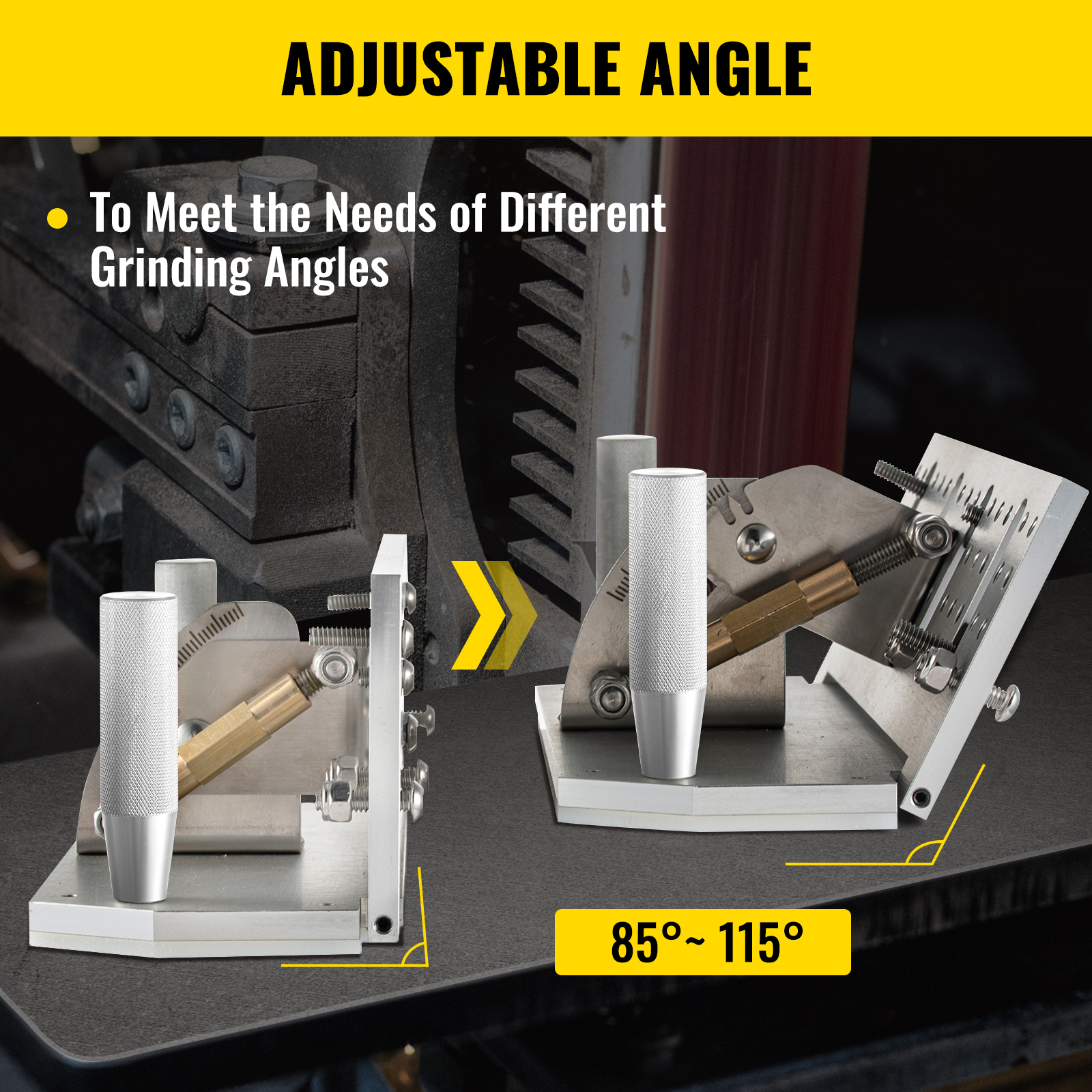 VEVOR belt grinder knife jig with adjustable angle from 85° to 115° for precise grinding.