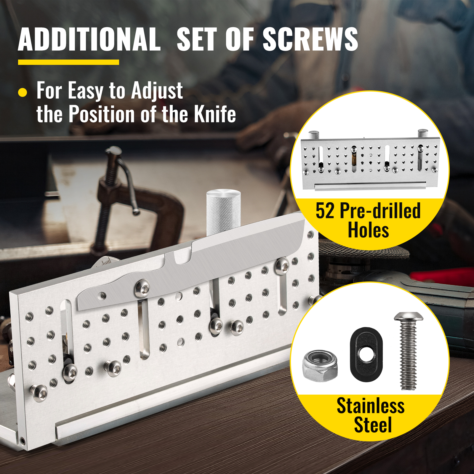 VEVOR belt grinder knife jig with additional screws, 52 pre-drilled holes, stainless steel.