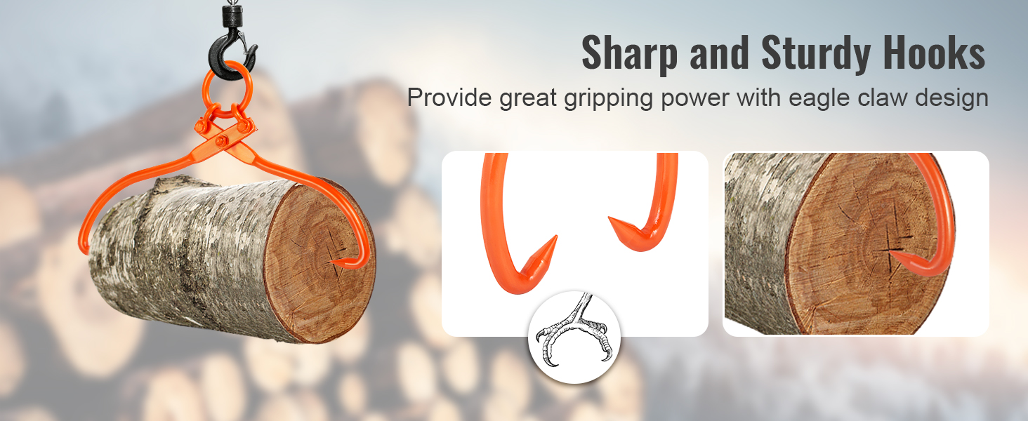 VEVOR log skidding tongs with eagle claw hooks gripping a log, showcasing sharp and sturdy design.
