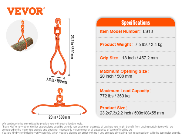 VEVOR log skidding tongs, orange, 20 in maximum opening, 23.2 in length, 772 lbs load capacity.
