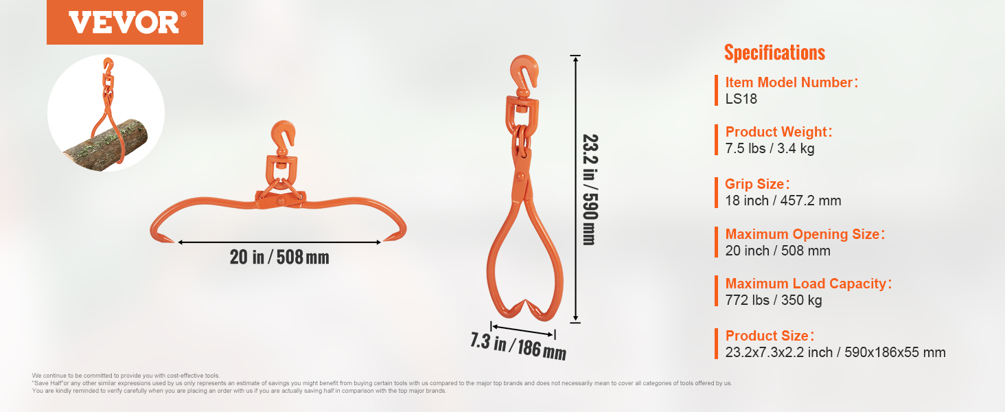 VEVOR log skidding tongs, orange, 20 in maximum opening, 23.2 in length, 772 lbs load capacity.