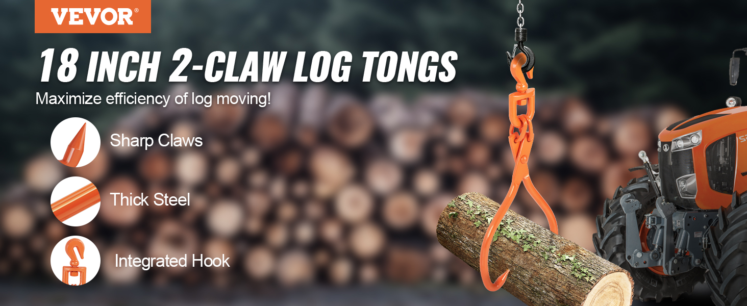 VEVOR 18 inch 2-claw log tongs with sharp claws, thick steel, integrated hook, and an orange tractor